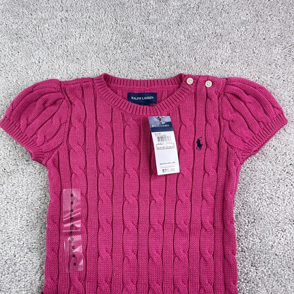 NEW Ralph Lauren Dress Girls Size 6 Pink Cable Knit Short Sleeve Ruffle Hem Prep
